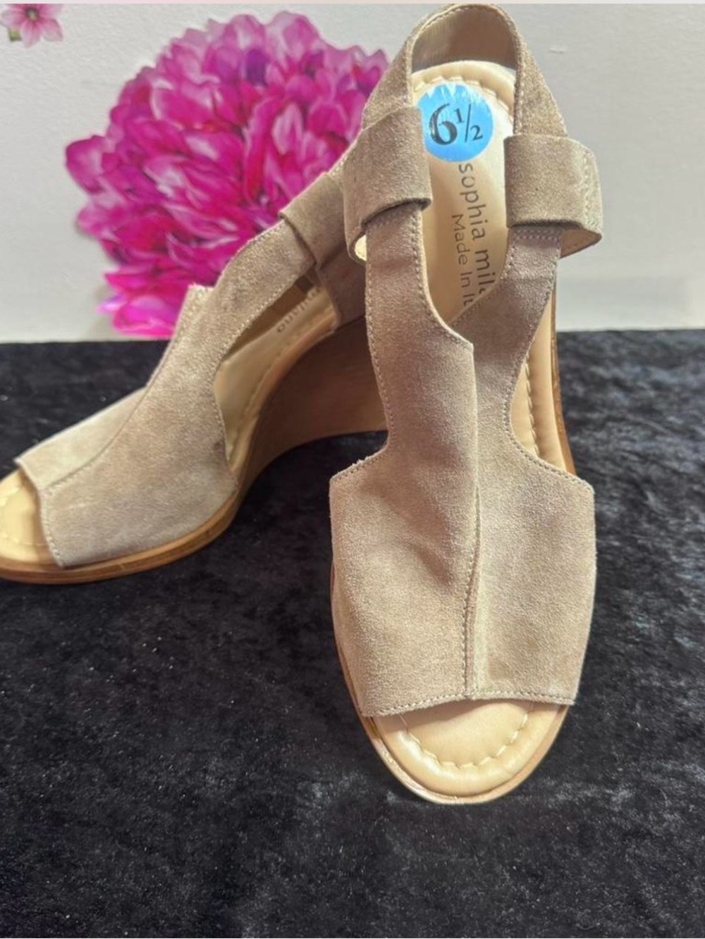Taupe Suede Open-Toe Wedge Sandals